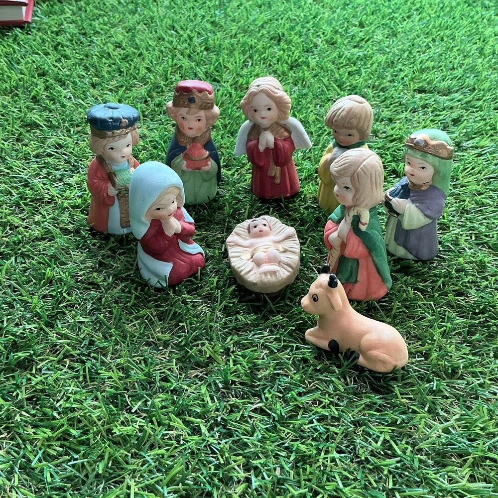Miniature Nativity Set 9 Piece Porcelain Bisque Christmas Figurines Baby Jesus